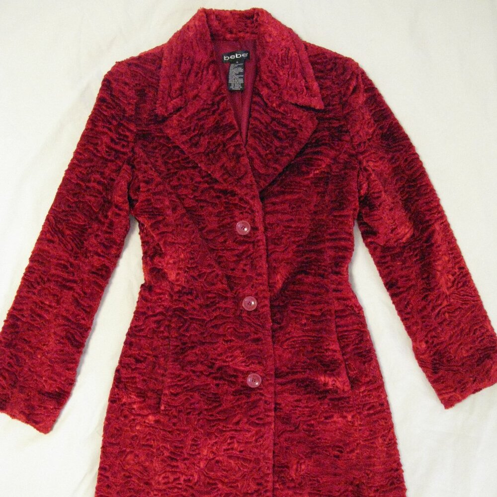 Bebe Faux Persian Lamb Coat Jacket 'Garnet' Red Sz S Beautiful & Rare